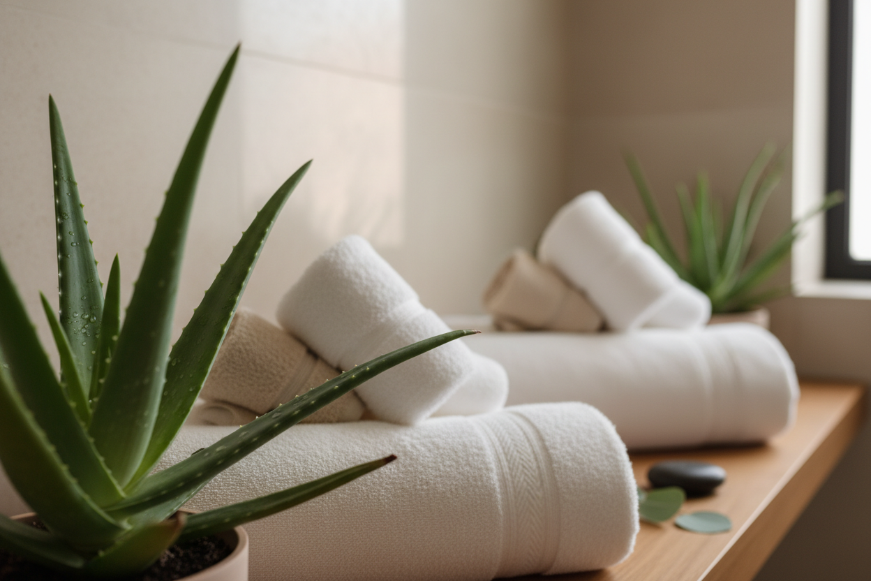 spa Bereich Nahaufnahme Handtücher und Aloe Vera pflanze